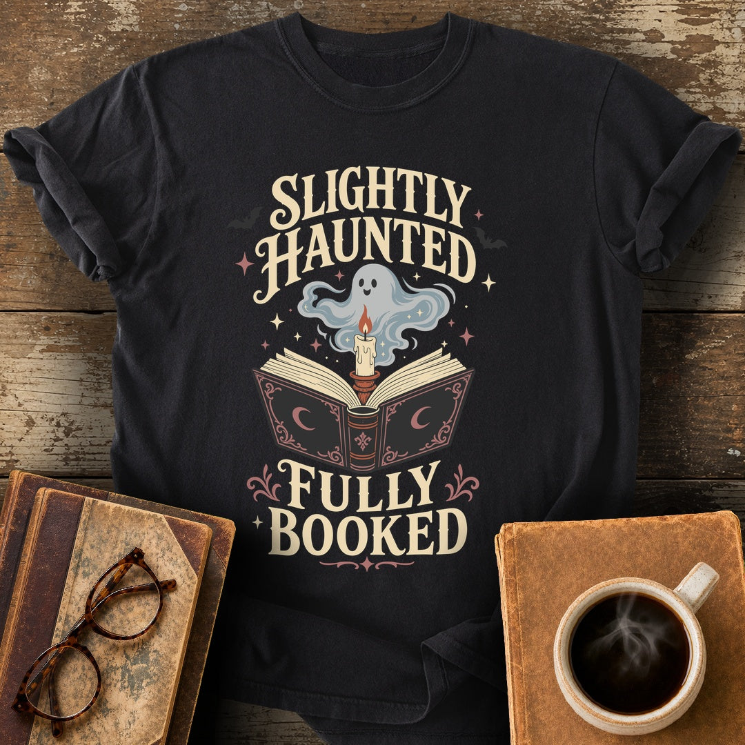 Slightly Haunted, Fully Booked Tee - black shirt mockup